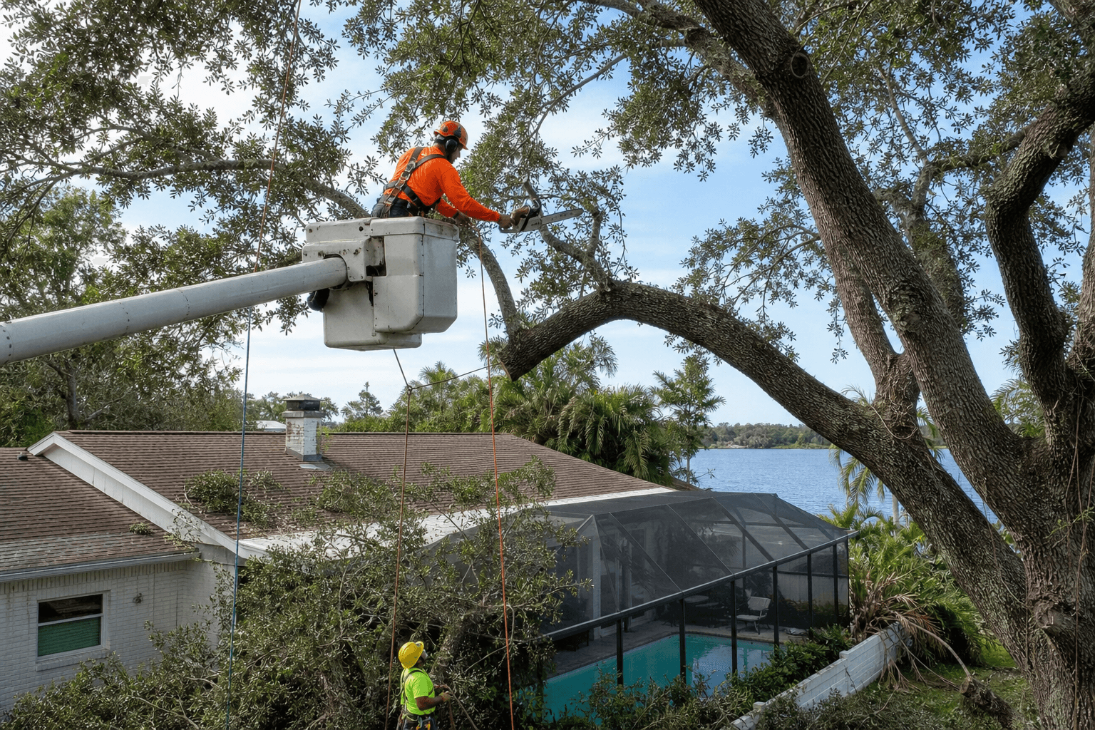 Licensed arborists trimming a live oak over a Tampa Bay home